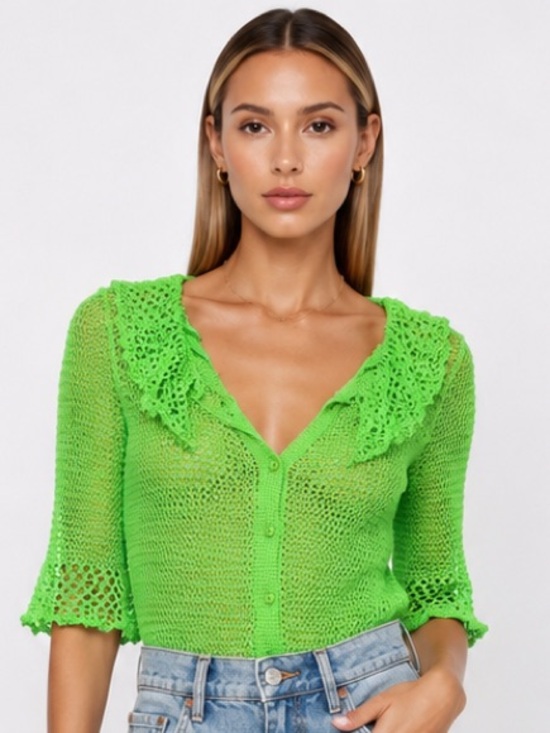 Zara Tops - Zara Neon Green Cropped Button-Down Crochet Knit Top Large